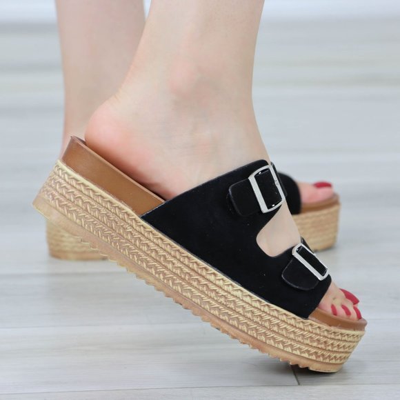 Suede Black Double Straps Comfort Platform Sandal Slip On Sliders - Picture 5 of 12